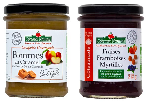 et Compotée Gourmande Pommes Caramel à la fleur de sel de Guérande et Côteaunade Fraise Framboise  par Les Coteaux Nantais