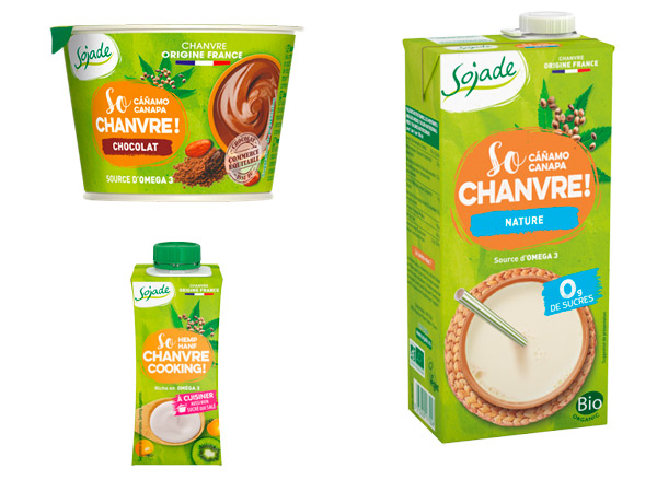 La gamme So Chanvre de Sojade, une boisson, un dessert au chocolat et une préparation culinaire à base de chanvre Bio 100% français